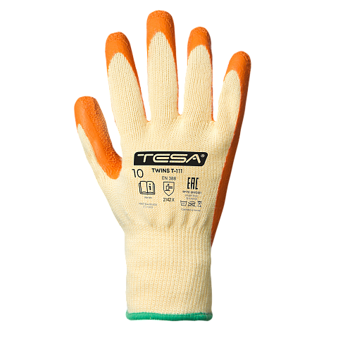 Перчатки TESA TWINS T-111, текстурир. латекс, покрытие ладонной части, манжета, белый/оранжевый