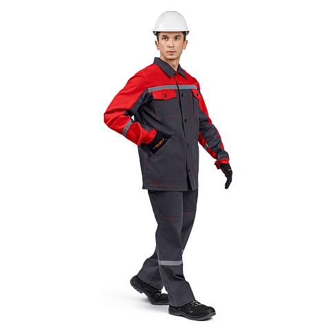 Костюм ВОЛГА (куртка/пк) т-серый/красный, тк.смесовая, муж.