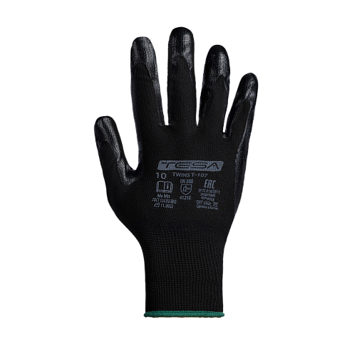 Перчатки TESA TWINS T-107, нитрил, покрытие ладонной части, манжета, черный